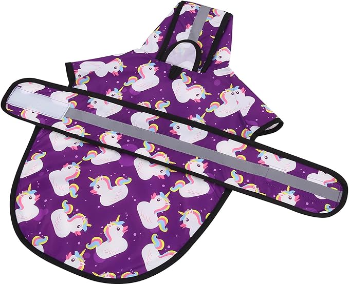 HDE Dog Raincoat Jacket Reflective Adjustable Hooded Pet Poncho Rain Coat with Leash Hole for Small to X-Large Dogs Purple Unicorn Ducks - L