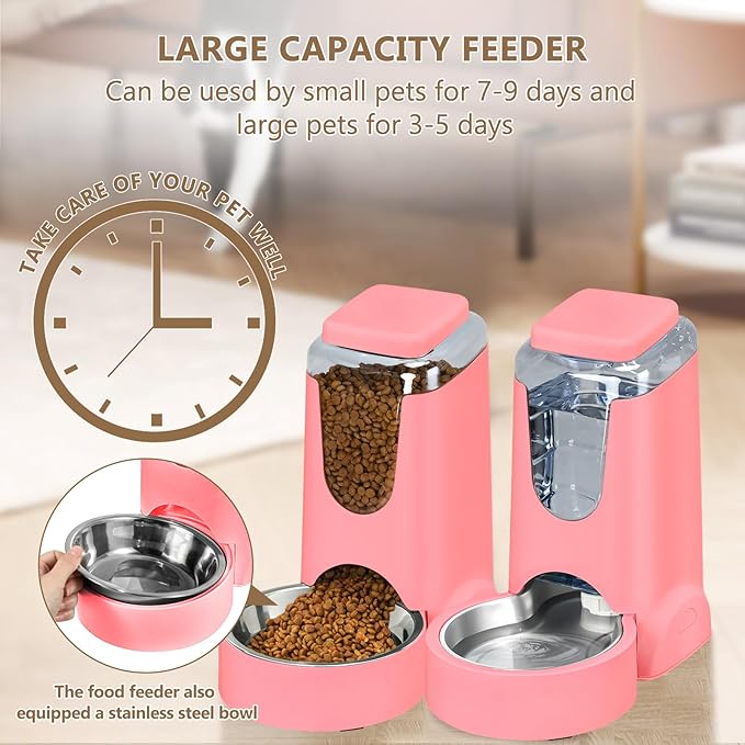 Automatic Cat Feeder and Water Dispenser with Stainless Steel Bowl Dog Gravity Food Feeder and Waterer for Small Medium Pets Puppy Kitten 1 Gallon x 2