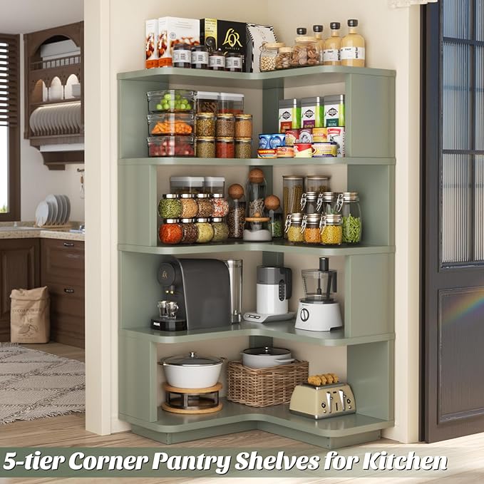 Armocity Corner Book Shelf - 5 Tier Corner Bookshelf Etagere Bookcase with Baffle, Freestanding L Shaped Display Shelf Stand for Home Office, Living Room, Bedroom, Kitchen, Crab Green