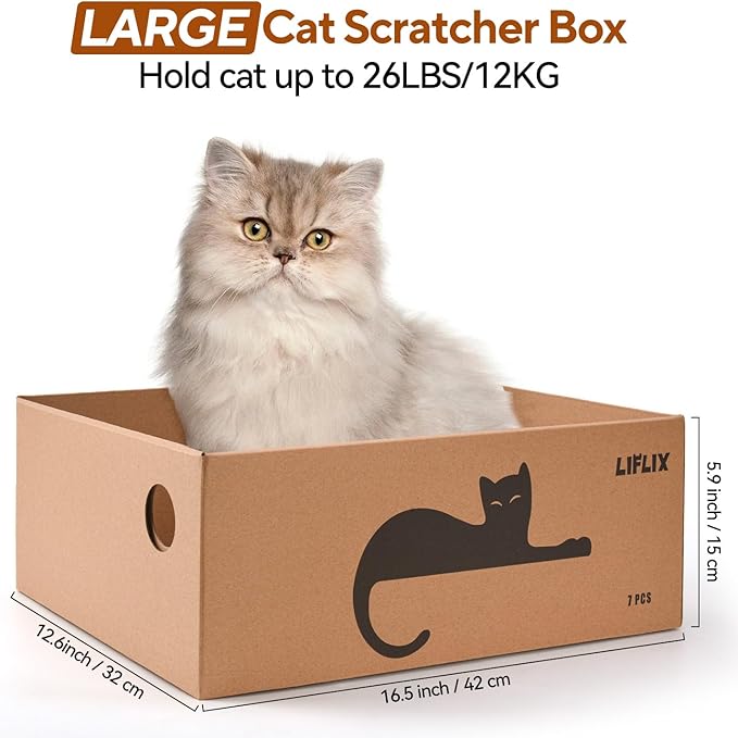 7PCS Reversible Cat Scratching Pads with Box, 16.5" Lx12.6" Wx5.9 H Extra Large Cardboard Scratcher with Catnips, Cat Scratch Boxes for Indoor Cats