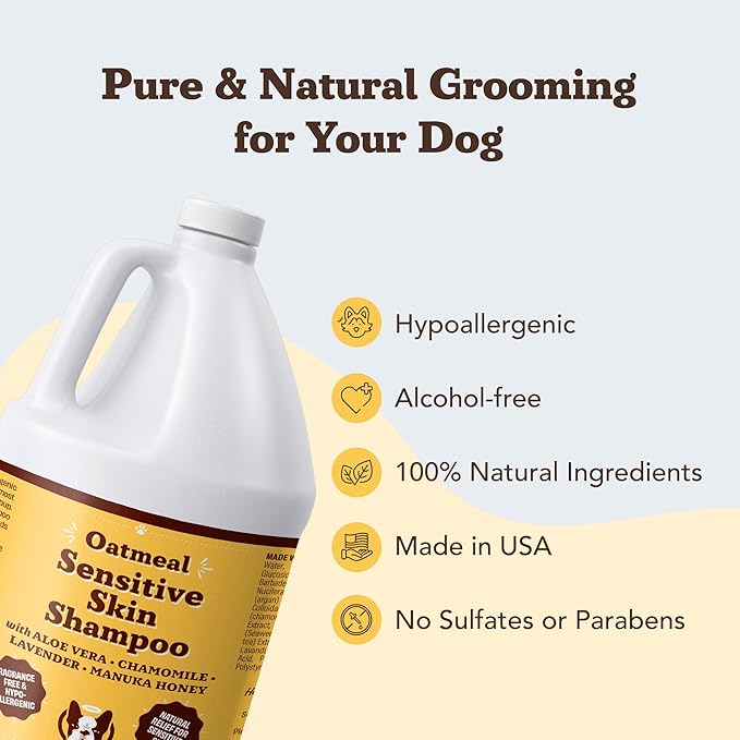 Natural Dog Company Sensitive Skin Dog Shampoo Gallon – 128 oz Oatmeal Hypoallergenic Formula with Aloe, Manuka Honey & Chamomile – Soothes Itchy, Dry, Flaky Skin – Groomer & Multi-Dog Household Size