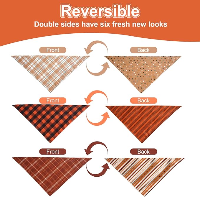 Fall Dog Bandanas Large 3PCS, 6 Pattern Thanksgiving Scarf for Boy and Girl, Plaid and Stripe Triangle Reversible Bibs Breed for Puppy Pets