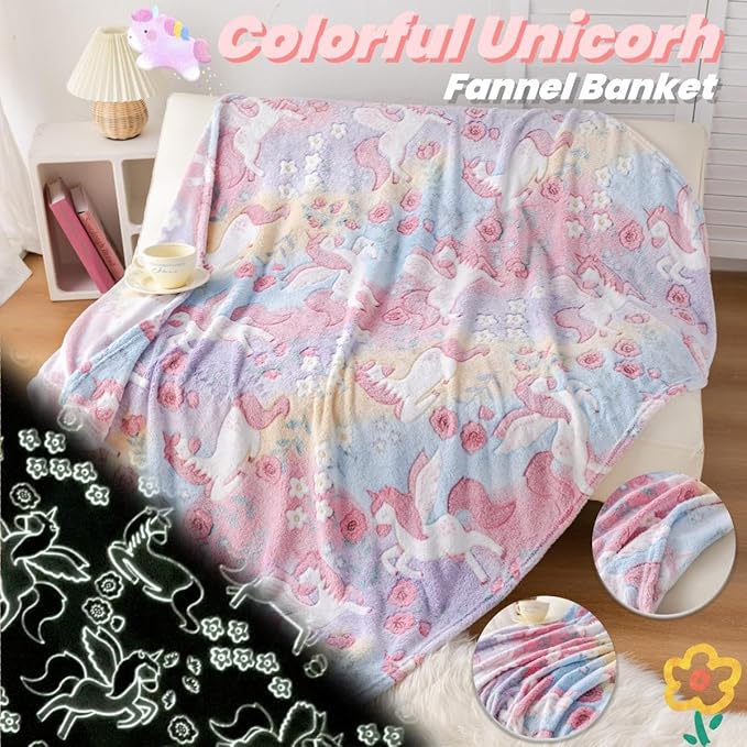 Best Unicorns Gifts Halloween Glow in The Dark Blanket for Boys & Girls, Cozy Soft Fluffy Unicorn Flower Girls Throw Blanket, Kids Blanket with Storage Bag, 60x50, Red