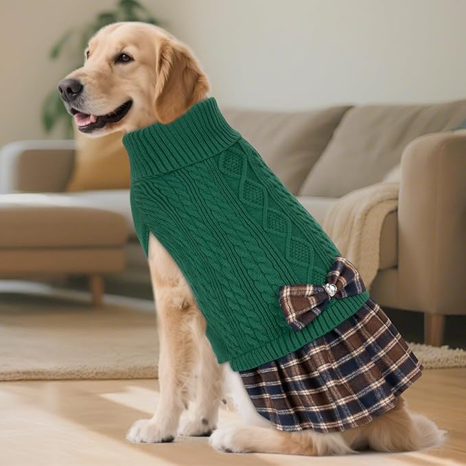 KYEESE Dog Sweater Soft Turtleneck Pet Sweater Dress with Bowtie Warm Comfy Pet Coats Pullover Dog Sweaters for Large Dogs Thick Dogs Clothes Stretchy Knitwear Pets Sweaters, Green, XXX-Large
