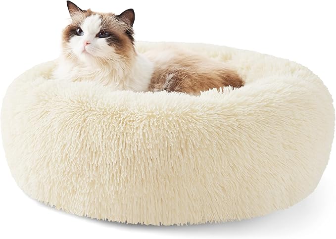 Bedsure Calming Cat Beds for Indoor Cats - Small Cat Bed Washable 20 inches, Anti-Slip Round Fluffy Plush Faux Fur Pet Bed, Fits up to 15 lbs Pets, Ivory Beige