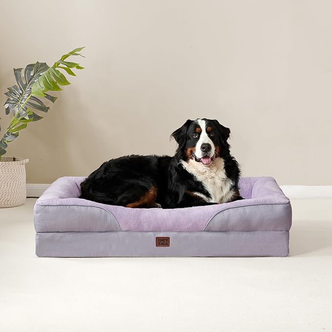EHEYCIGA Memory Foam XXL Dog Bed for XLarge Sized, Extra Large Orthopedic Dog Sofa with Sides and Waterproof Liner, Washable Bolster Pet Couch with Removable Cover, 52x41x8 Inch, Purple