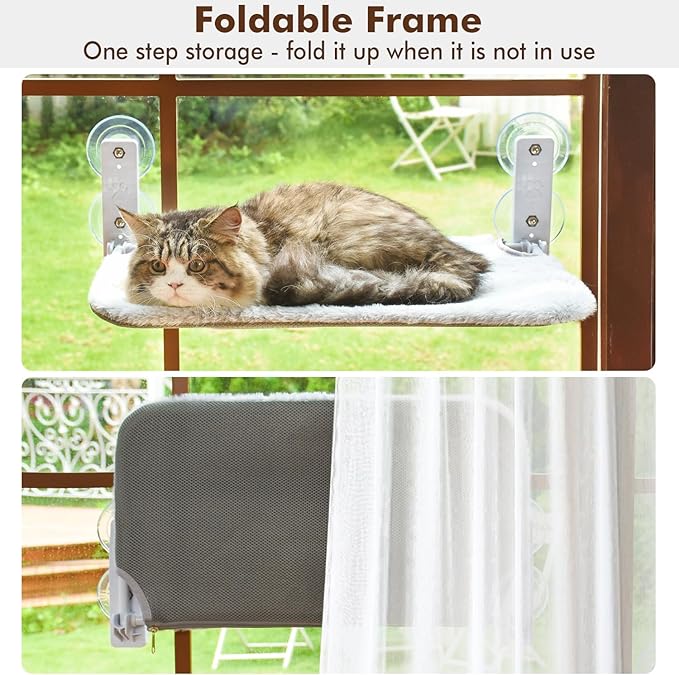 AMOSIJOY Cordless Cat Window Perch, Cat Hammock for Wall with 4 Suction Cups, Solid Metal Frame and Reversible Cover, Foldable Cat Beds for Indoor Cats