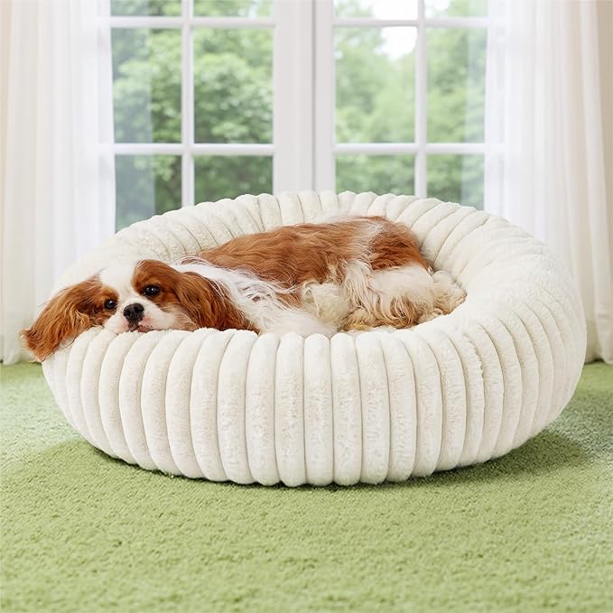 Bedsure Donut Medium Dog Bed - Washable Faux Fur with Corduroy Fleece & Anti Slip Bottom, Round Pet Bed with Removable Cover, Cream, 30x30x8 inches