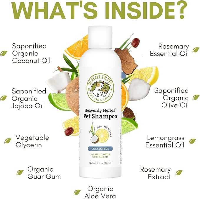 Wholistic Pet Organics Pet Shampoo Concentrate: Heavenly Herbal Organic Dog Shampoo and Conditioner - All Natural Puppy and Cat Shampoo for Dry, Itchy Skin, Allergies, Dandruff - Flea Shampoo - 16 Oz