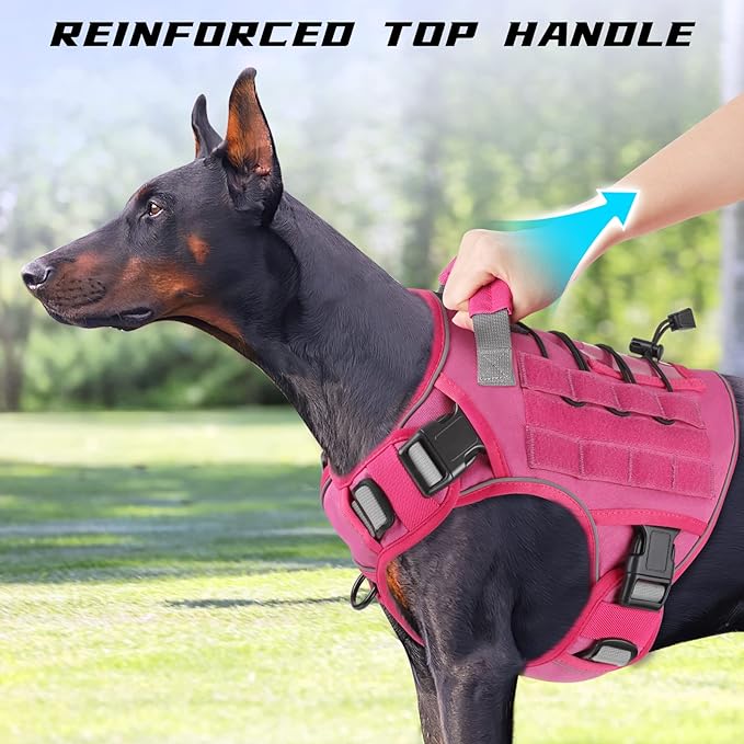 WINGOIN Pink Tactical Dog Harness for Large Dogs, Heavy Duty No Pull Dog Harness with Handle, Adjustable Reflective Military K9 German Shepherd Big Size Dog Vest for Walking, Training, Hunting (L)