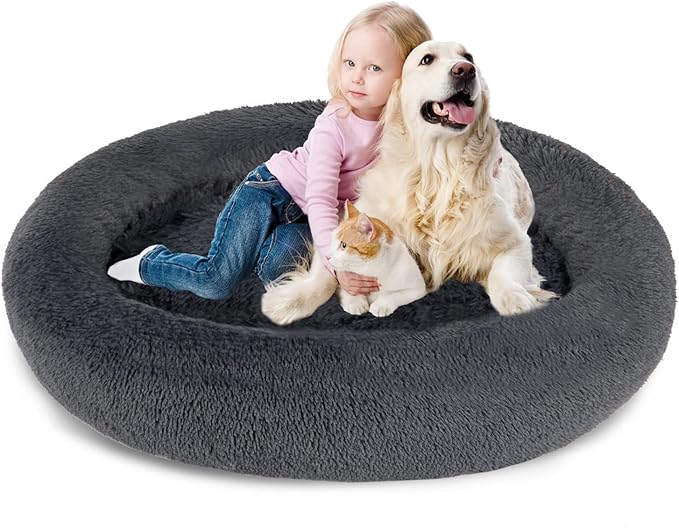SAVFOX Plush Calming Dog & Cat Beds - Donut Shaped, Comfy Cuddler in Faux Fur, Washable, Multiple Sizes XS-XXL