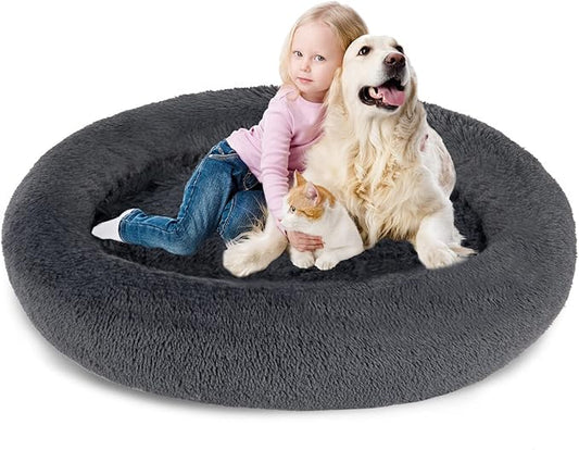 SAVFOX Plush Calming Dog & Cat Beds - Donut Shaped, Comfy Cuddler in Faux Fur, Washable, Multiple Sizes XS-XXL