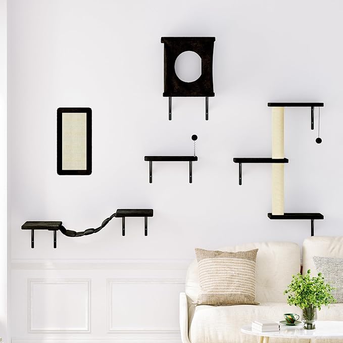 NUNU LAB Cat Wall Shelves Set, 5 Pcs Wall-Mounted Cat Climber with Condo House, Bridge Ladder, Scratching Post, Indoor Cat Furniture Set, Black