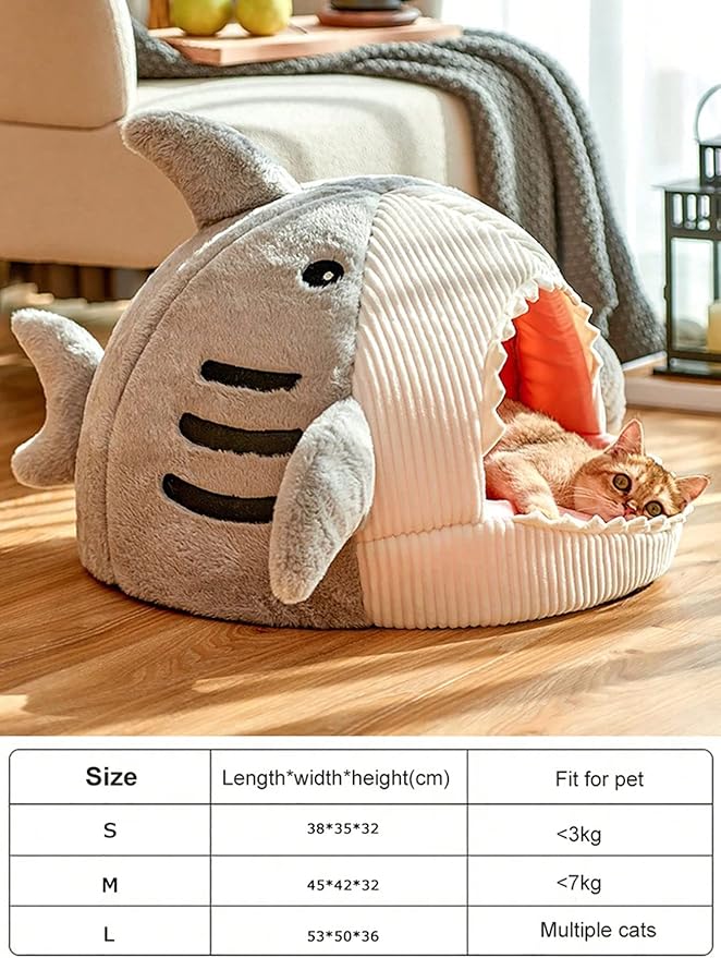 QWINEE Cat Mat Shark-Shaped Kennel Kitten Bed Hideout House Warm Soft Comfortable Semi-Closed Cat Dog Nest Grey Medium