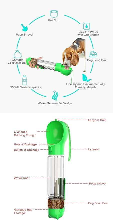Portable Dog Bottle with Food Container,Leakproof,Poop Waste Bags Inside and Trash Shovel Design,Pet Travel Water Bowl,Essential Necessities for Dog Walking and Hiking Outdoor,Green(16.9OZ)