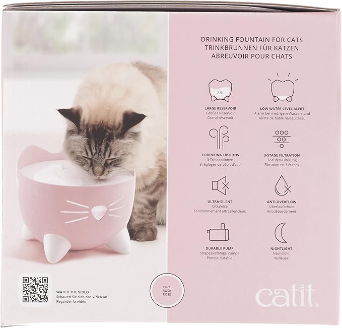 Catit PIXI Drinking Fountain – Cat Water Fountain with Triple Filter and Ergonomic Drinking Options, Pink