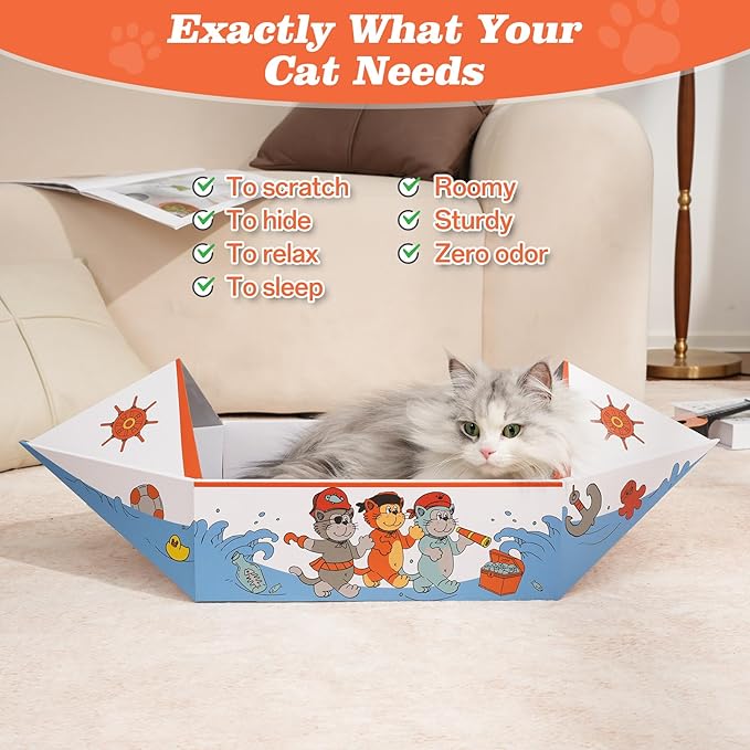 Cat Scratcher Boat with 5 Pack Cardboard Scratch Pad, 30" Extra Long Cat Scratch Box for Indoor Cats, Heavy Duty and Double-Sided Scratching Board
