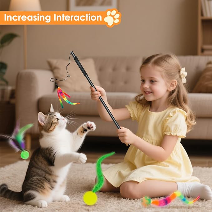 SHENGSEN Feather Wand Cat Toy,Bouncy Ball with Tail Cat Toys,Magic Worm with Large Colorful Ball Toy for Cats,Cat Feather Toys for Indoor Cats,Colorful Fuzzy Worm Bouncy Balls Cat Toy