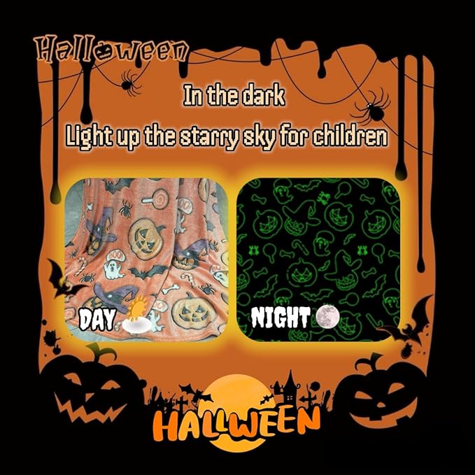 Cute Halloween Pumpkin Blanket for Kids/Teens/Women/Men, Glow in The Dark Throw Blankets Soft Plush Fleece, Spooky Blanket for Boy/Girls/Toddler, Day Care Home Travel Use, 60"*50", Orange