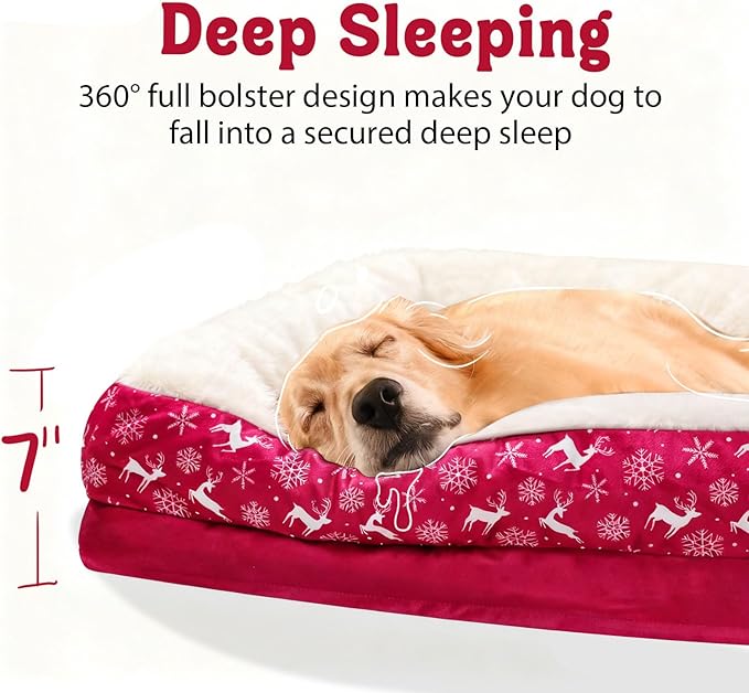 Christmas Washable Orthopedic Large Dog Bed - Removable Orthopedic Foam Pet Couches with Bolsters Waterproof Large Dog Bed and Non-Slip Bottom Extra Large Pet Sofa - Red