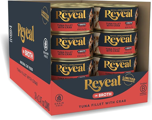 Reveal Natural Wet Canned Cat Food, Limited and Natural Ingredients, Grain Free, High Protein with No Artificial Additives, Tuna with Crab in Broth (24 x 2.47 oz Cans)
