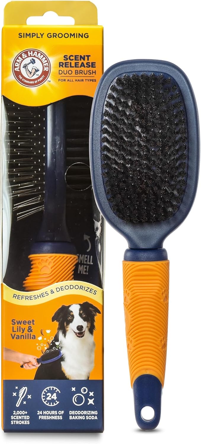 Arm & Hammer “Simply Calm” Dog Grooming Pin & Bristle Deodorizing Brush with Fragrance Transfer Technology – Scented 2-in-1 Brush for Detangling & Shedding, Sweet Lily & Vanilla Scent