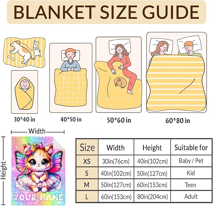 Girls Blanket Personalized Cat Throw Blankets for Kids Teens, 50x60 Inches Lightweight Soft Cute Custom Rainbow Print Throw for Sofa Couch Living Room Bed