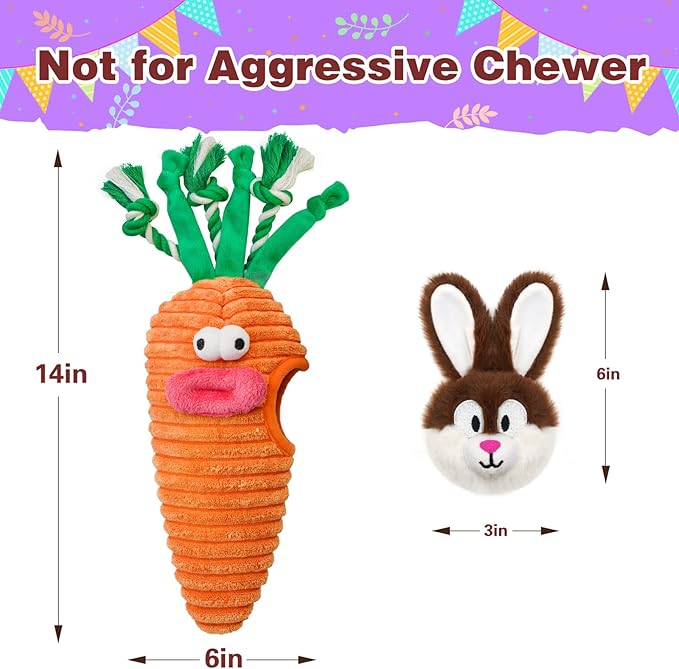Easter Dog Toys, Hide and Seek Dog Toys, Squeaky Puzzle Dog Toy for Small and Medium Dogs, Interactive Cute Bunny and Carrot Easter Gift with Rope for Teething