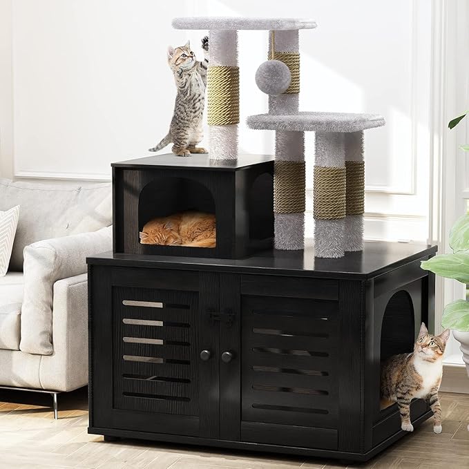 Cat Litter Box Enclosure with Cat Tree Tower 2-in-1 Hidden Pet Washroom Furniture with Scratching Post and Soft Plush Perch Platform Wooden Cat House Divided Condo for Indoor Large Cats Black