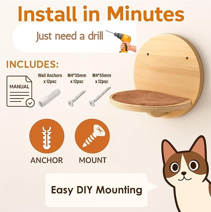 Cat Wall Shelves Set - Modern Round Floating Wall Steps with Scratch Pads (Set of 4)-Decorative Wall-Mounted Furniture for Climbing, Playing & Resting by INSTINTO