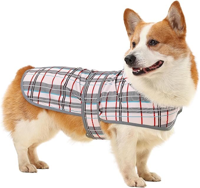 Dog Raincoat for Medium Dogs Waterproof Hooded Rain Jacket with Reflective Strips Leash Hole & Poncho Adjustable Fit (Plaid,L)