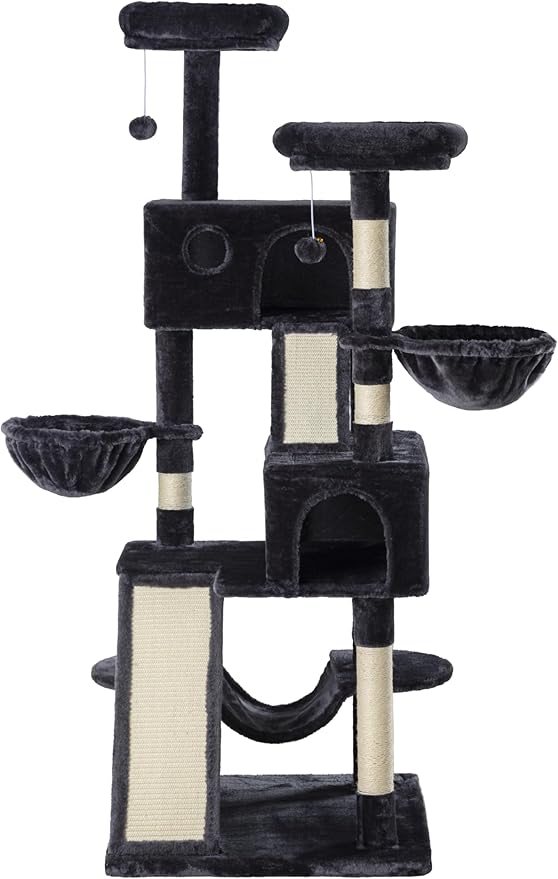 SHA CERLIN 65in Larger Cat Tree Tower Condo for Indoor Kitties/Multi-Level Furniture Activity Center with Wide Base/Cozy Plush Cat Perches/Baskets/Sisal Scratching Posts and Hammock/Dark Grey