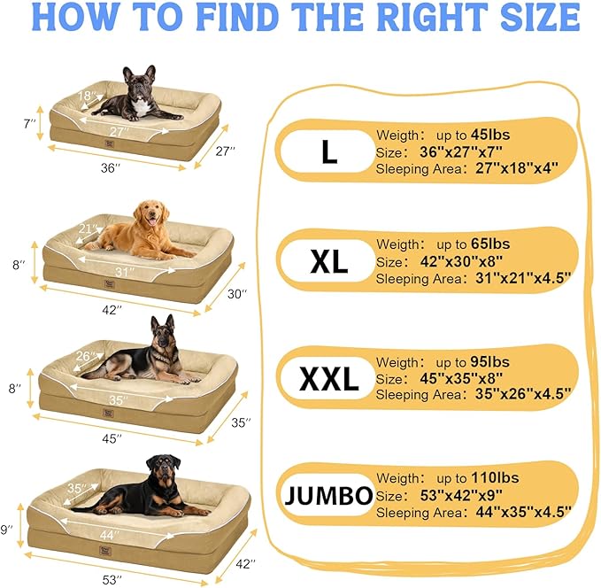 Washable Orthopedic Large Dog Bed - Big Dog Beds with Removable Waterproof Cover and Non-Slip Bottom XL Large Pet Bed with Bolster Extra Large Dogs Bed