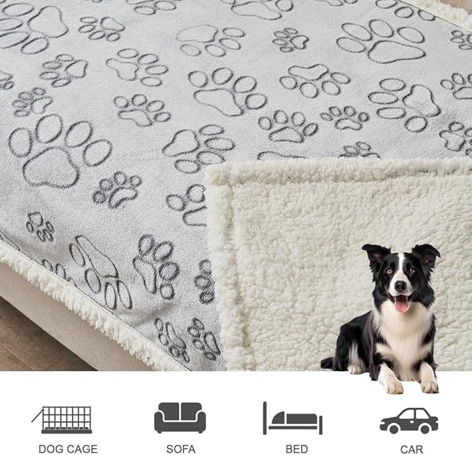 Qeils Dog & Cat Blankets - Waterproof Washable - Sherpa, Plus Plush Reversible, 25"X30", Grey Paw Print