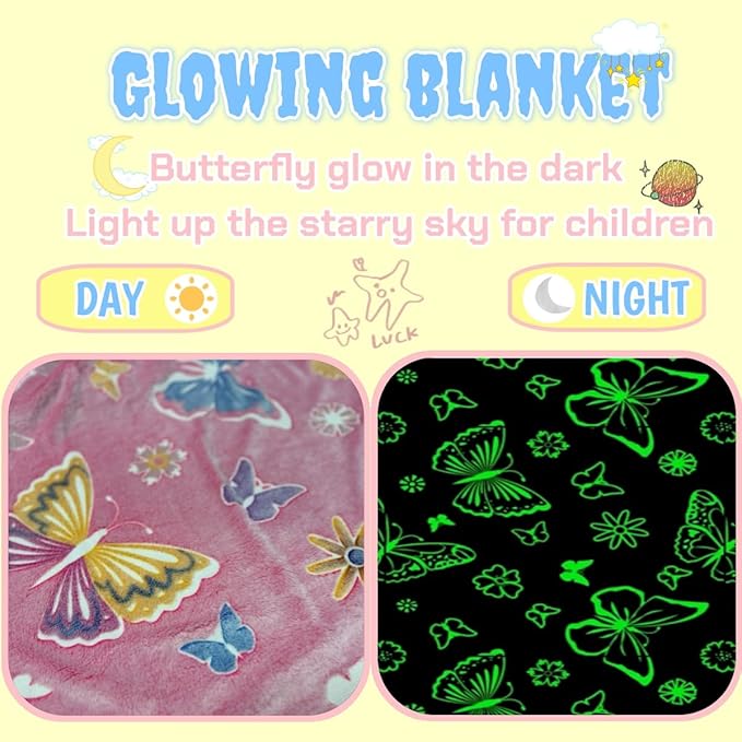 Halloween Butterfly Glow in The Dark Blanket for Daughters, Best Gift Blankets for 3-10 Year Old Kids Birthday Presents, Soft Cozy Flannel Camping Throw, Christmas Thanksgiving Gifts, 60"*50", Pink