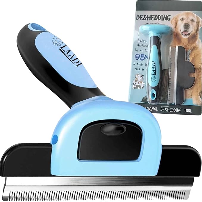 LAADI Deshedding Tool for Dogs and Cats - Reduces Shedding by Up to 95% in Less Than 10 Minutes - Professional Grooming Brush for All Hair Types - Ergonomic Design and Skin Massage Needles - Blue