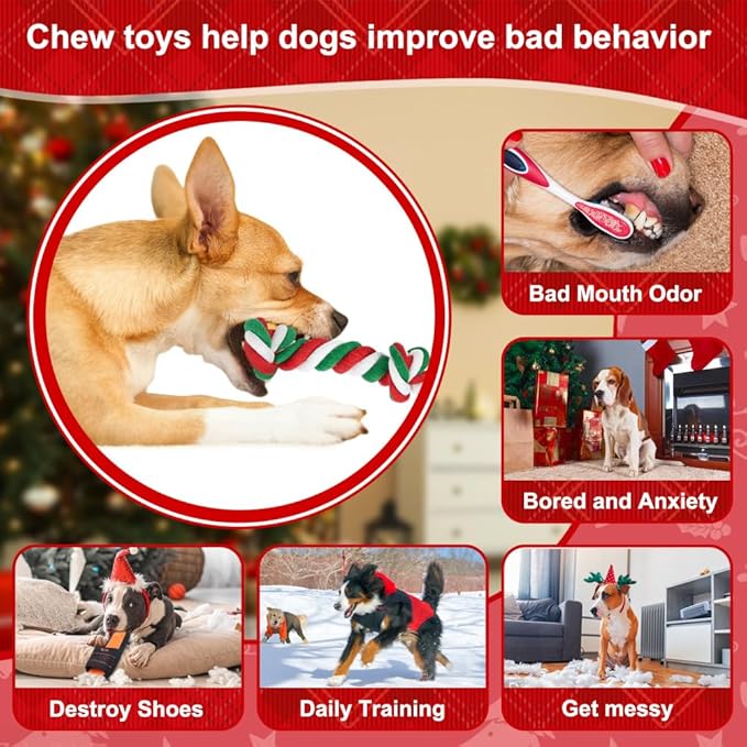 SZEE Dog Rope Toys, 14 in 3 Knots Chew Rope for Medium and Small Dogs, Natural Cotton Pull Toy for Tug of War and Teeth Cleaning (Red)