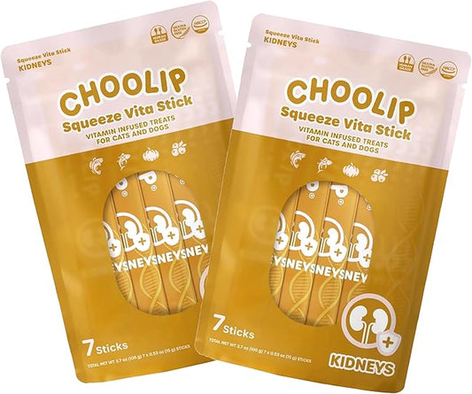 Choolip 2-Pack | Squeeze Vita Stick Lickable Treats for Dogs & Cats. 7 Kidney Support Sticks with Essential multivitamins. Soft and Tasty Paste for All Life Stages, Supporting Kidney Health