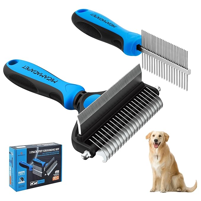 Pet Grooming Set with Shedding Brush and Dematting Comb,Brush for Long-haired Dogs,Dog Shedding Brush,Stainless steel teeth remove tangled hair,Pet Grooming Tools-Large