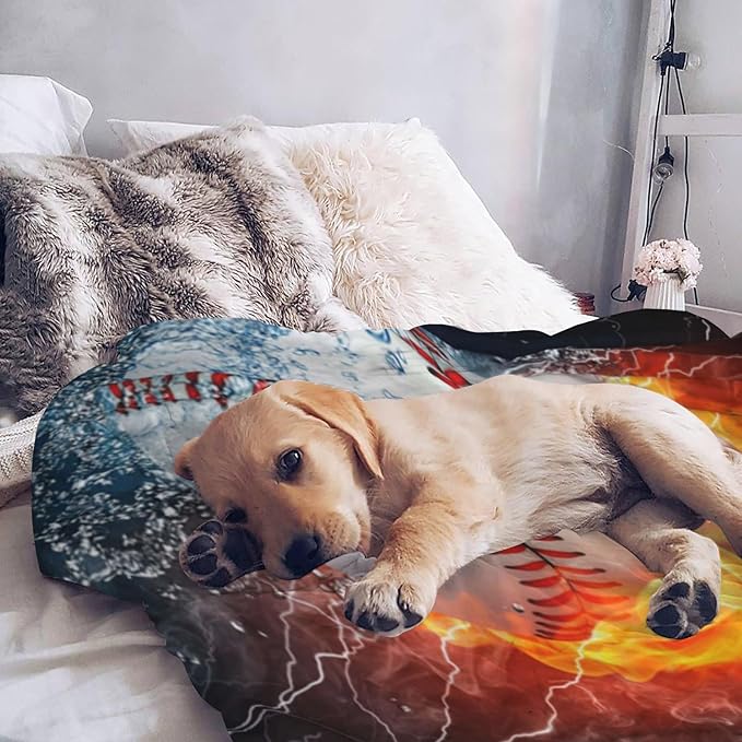 Baseball Blanket Throw Blanket for Boy & Kids, Warm Soft Flannel Blanket, Lightweight Sport All Season Blanket for Couch Bed Sofa Home Decor (40"x 50", White Ball in Fire and Water)