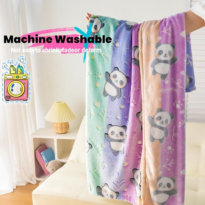 Best Gift Halloween Glow in The Dark Panda Throw Blanket with Storage Bag, Soft Cozy Kids Blanket for Birthday New Year, Fun Cartoon Panda Colorful, 50"x60" Twin Size