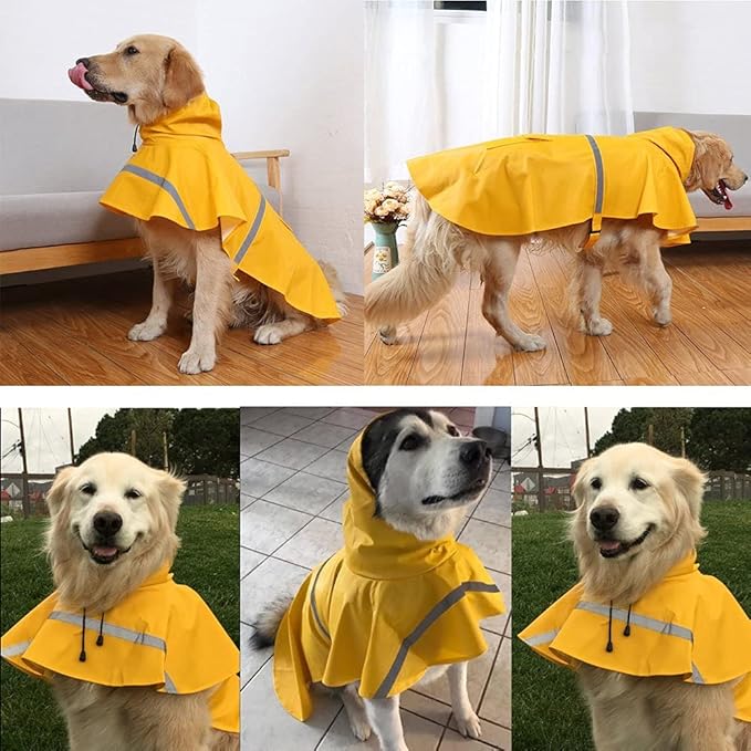 NACOCO Large Dog Raincoat Adjustable Pet Water Proof Clothes Lightweight Rain Jacket Poncho Hoodies with Strip Reflective (M, Yellow)