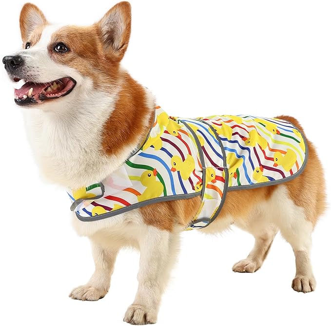 Dog Raincoat for Large Dogs, Waterproof Rain Jacket Coat with Hood and Leash Hole, Polyester, Rainbow Ducks