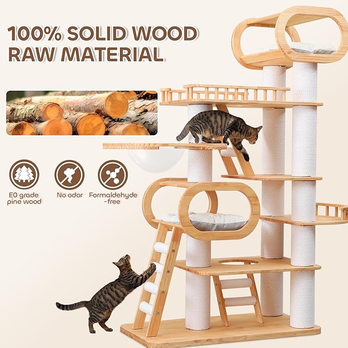 Wood Cat Tree,77'' Modern Cat Trees for Indoor Cats Large Adult,Mult-Level Large Cat Tower with Sisal Scratching Posts,Top Bed,Clear Hammock,Toy,Heavy Duty Sturdy Cat Condo for Cats