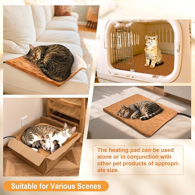 Pet Heating Pad for Cats & Dogs Indoor Outdoor, Warming Cat Heating Pad with Chew Resistant Cord, Adjustable Temperature & Time, Heated Cat Bed Mat Waterproof for Cats Small Dogs, 17.7'' × 17.7''