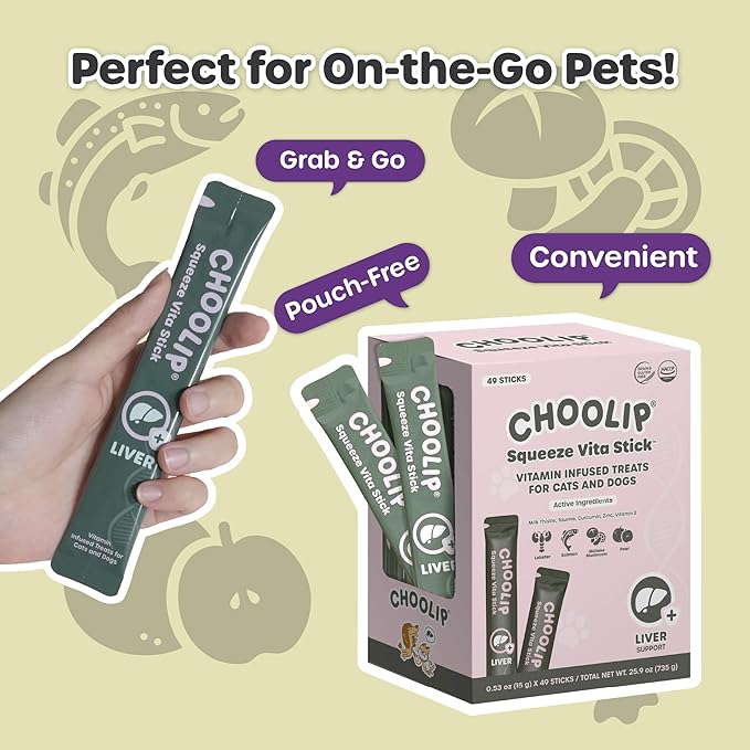 Choolip Squeeze Vita Stick Lickable Cat and Dog Treats – 49-Count Liver Support Sticks with Multivitamins, Soft Squeezable Paste for All Life Stages, Supporting Liver Health