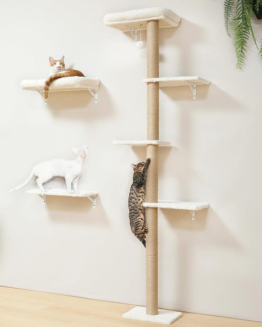 FUKUMARU Cat Wall Shelves, Stable 3-in-1 Wall Mounted Cats Furniture Set, Kitten Scratching Post with Soft Cushion Perch, Space Saving Climbing Wall for 16 Inch Drywall - Beige