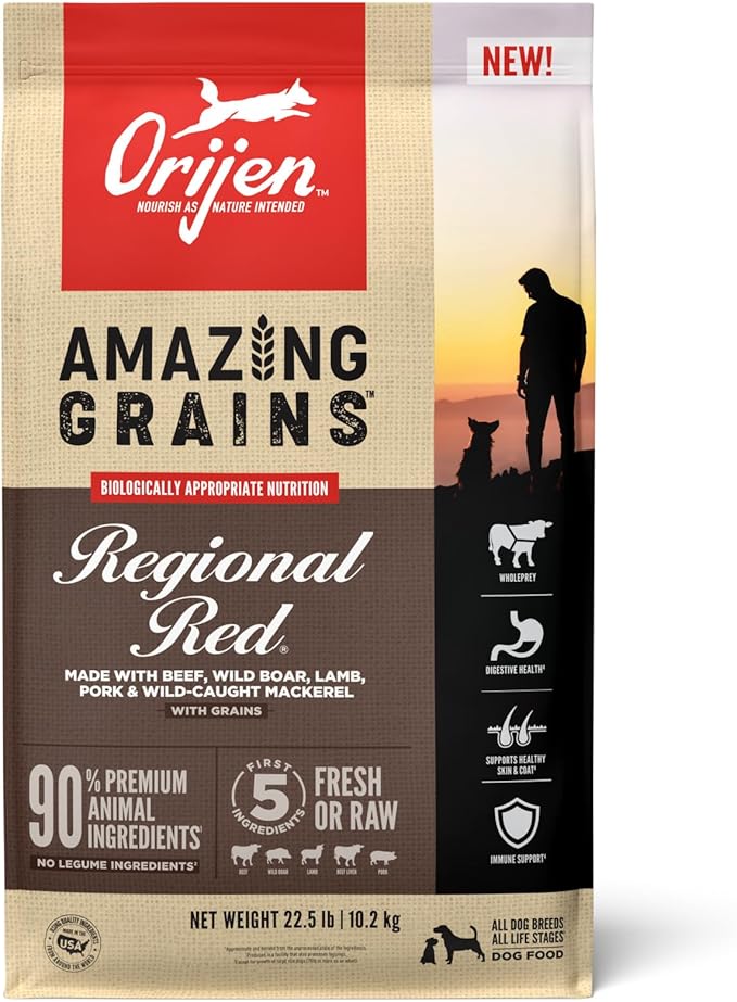 ORIJEN Amazing Grains High Protein Dry Dog Food Regional Red Recipe 22.5lb Bag