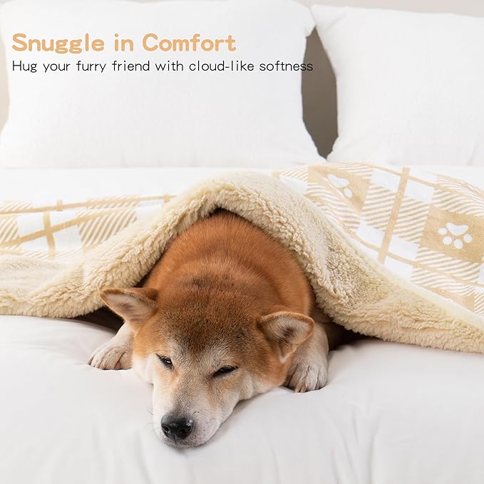 Waterproof Dog Blankets Pet Blanket 50"x60", Soft Fluffy Sofa Car Bed Protector, Reversible Sherpa Fleece Dog Blanket for Large Dogs Christmas Decor(Light Yellow)