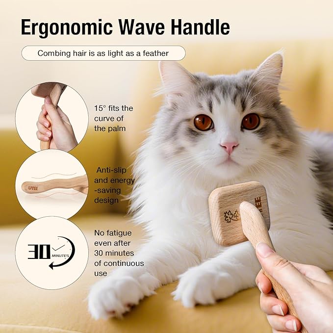 UTEE Slicker Brush for Cats & Puppies (British Shorthair, Siamese, Chihuahuas, Pomeranians, Toy Poodle Puppies) — Gentle Grooming Tool with Curved Steel Pins & Ergonomic Beech Wood Handle